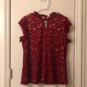 Red Ruffled Cap Sleeve Blouse with Mandarin Collar